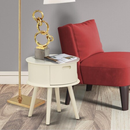 East West Furniture Gordon Round Night Stand End Table with Drawer - White GONE05